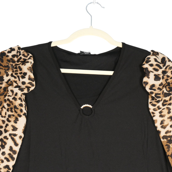 NWT A Love Story Blouse Top Women Small Black Animal Print Rhinestones Glam Luxe - Picture 2 of 12